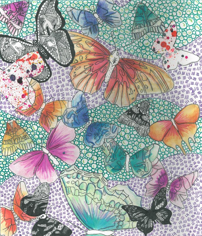 'Flying High' by Ellie Rose Watts, for the 2017 dot art competition. Drawing inks, watercolour and pen.