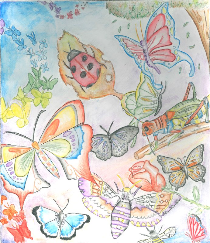'Flying Meadow' by Freya Roche, for the 2017 dot art competition. Watercolour and pen.
